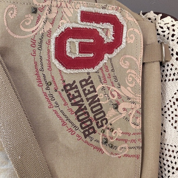 Fossil X OU Sooners Canvas Messenger Bag Tan Crimson OU Patch Adjustable Strap - Picture 3 of 9